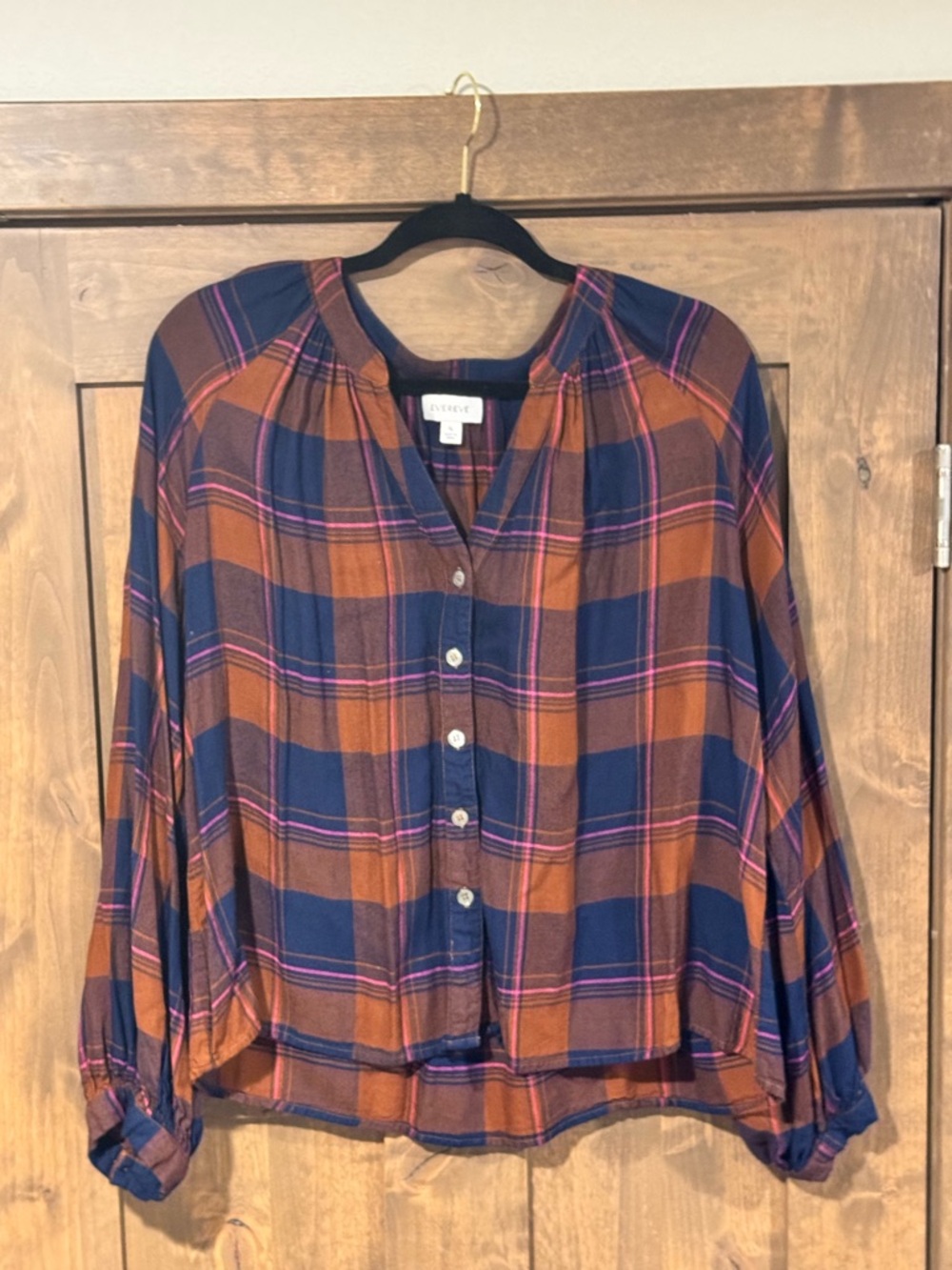 Evereve Plaid Button-Front Top in Rust, Navy & Pink